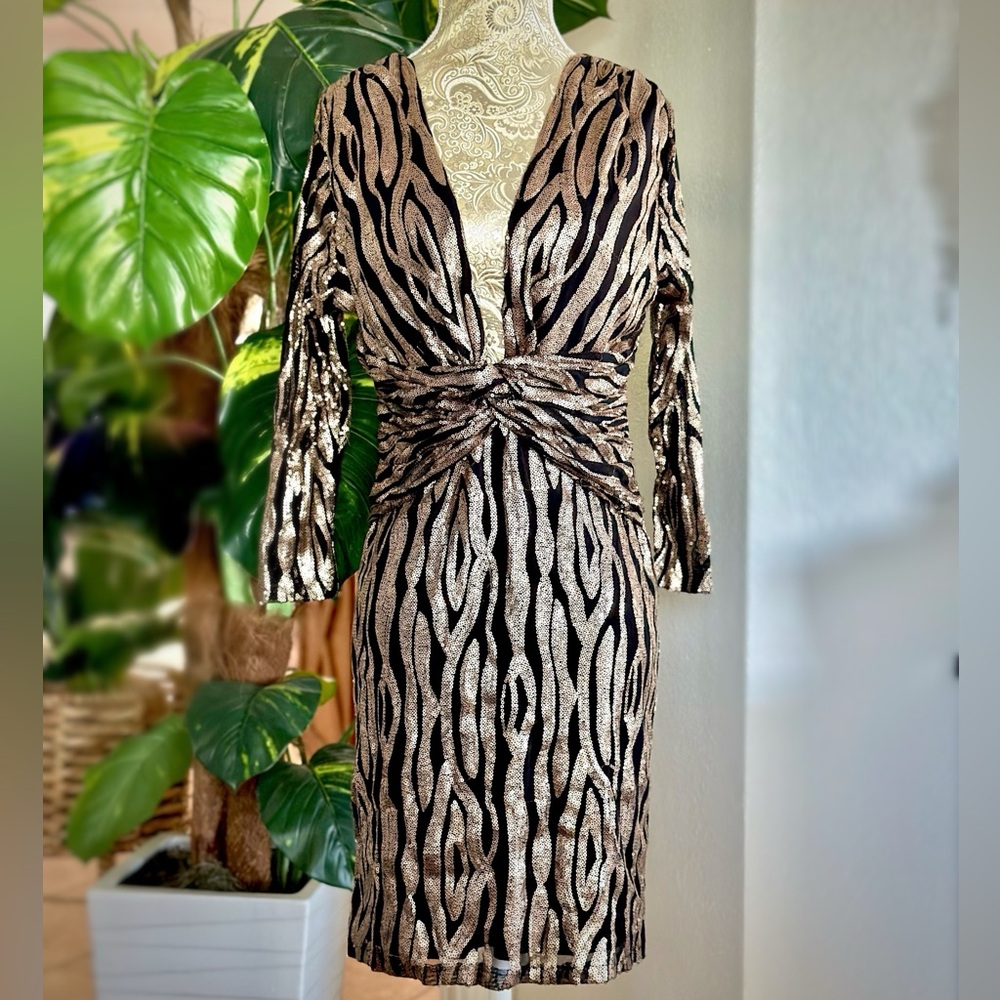 Hot Miami Styles Sexy Metallic Gold Dress Stretch Pinup Retro Hot Size Large